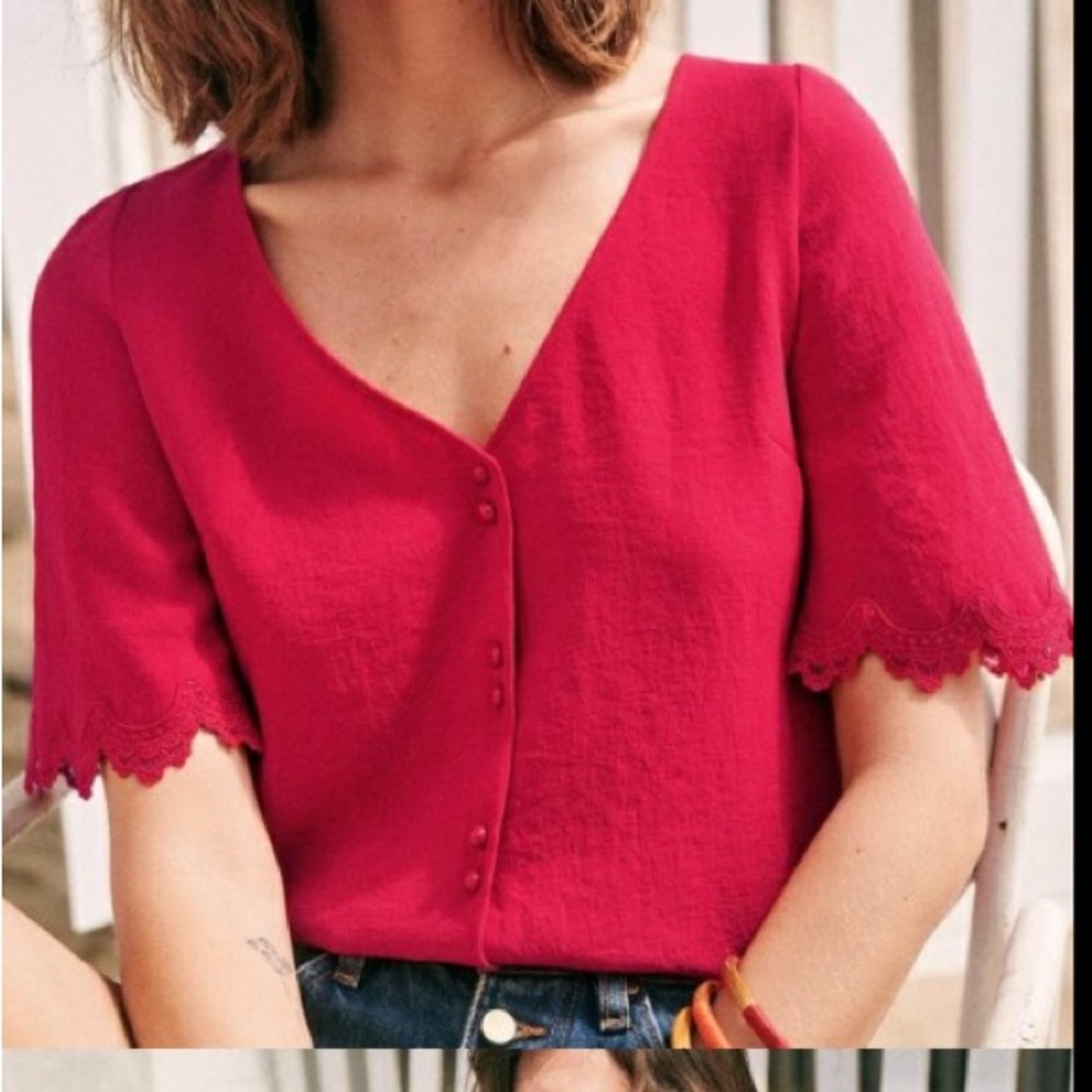 Sezane Button-Up Blouse with Lace Trim